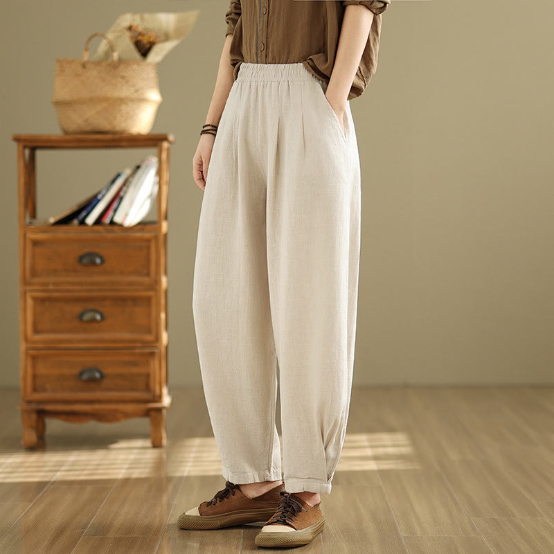 Mythstone Casual Solid Color Tapered Elastic Waistband Cotton Linen Women's Pants With Pockets