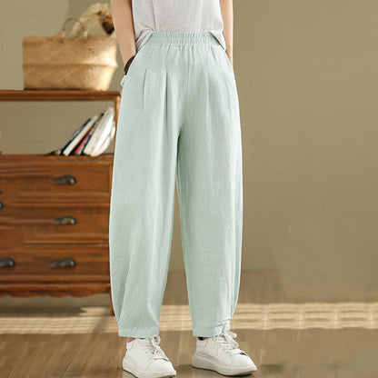 Mythstone Casual Solid Color Tapered Elastic Waistband Cotton Linen Women's Pants With Pockets