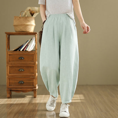 Mythstone Casual Solid Color Tapered Elastic Waistband Cotton Linen Women's Pants With Pockets