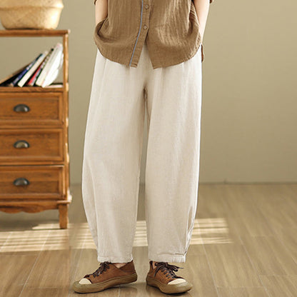 Mythstone Casual Solid Color Tapered Elastic Waistband Cotton Linen Women's Pants With Pockets