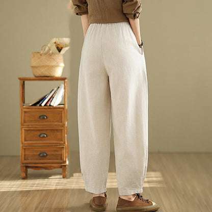 Mythstone Casual Solid Color Tapered Elastic Waistband Cotton Linen Women's Pants With Pockets