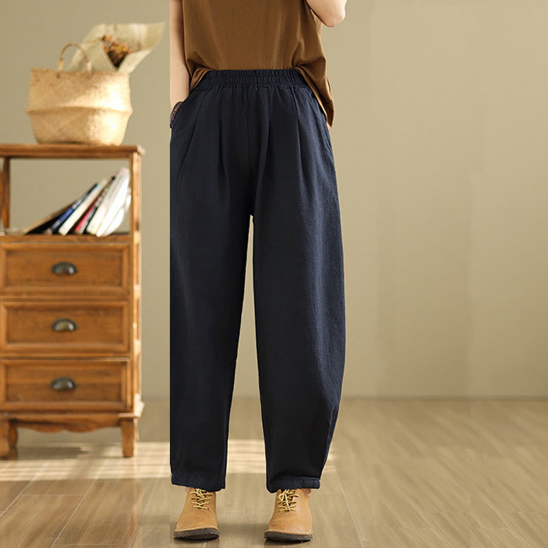 Mythstone Casual Solid Color Tapered Elastic Waistband Cotton Linen Women's Pants With Pockets