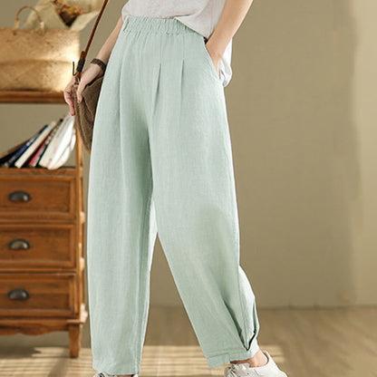 Mythstone Casual Solid Color Tapered Elastic Waistband Cotton Linen Women's Pants With Pockets