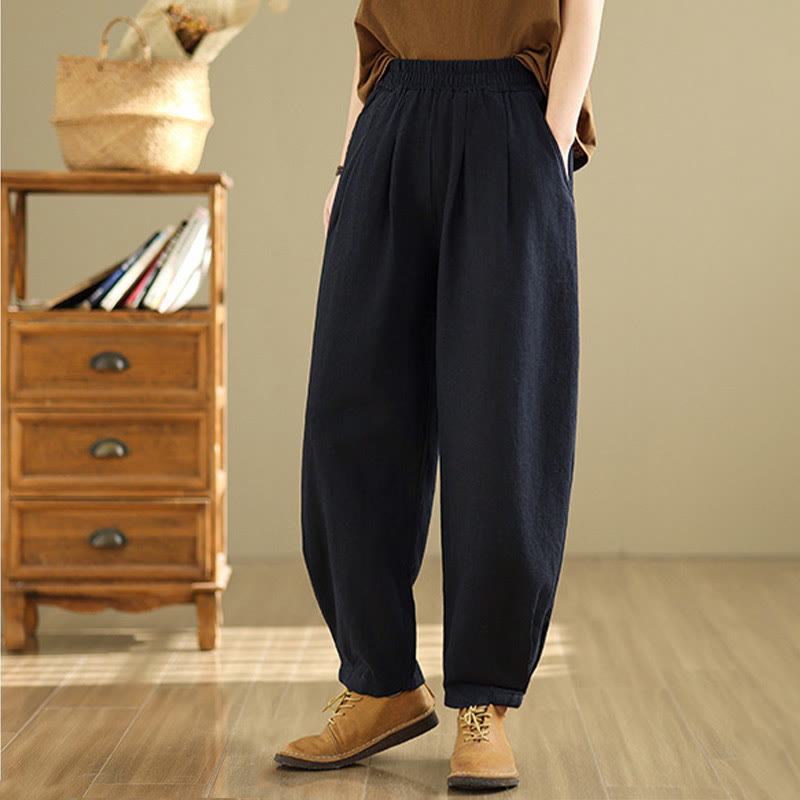 Mythstone Casual Solid Color Tapered Elastic Waistband Cotton Linen Women's Pants With Pockets