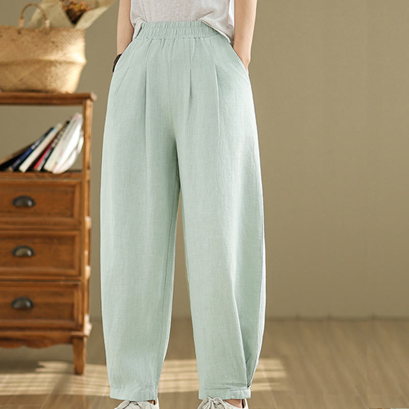 Mythstone Casual Solid Color Tapered Elastic Waistband Cotton Linen Women's Pants With Pockets