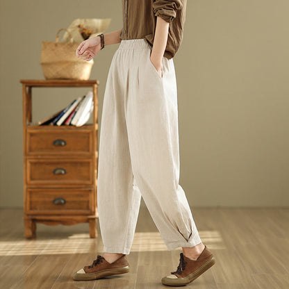 Mythstone Casual Solid Color Tapered Elastic Waistband Cotton Linen Women's Pants With Pockets