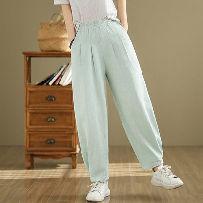 Mythstone Casual Solid Color Tapered Elastic Waistband Cotton Linen Women's Pants With Pockets