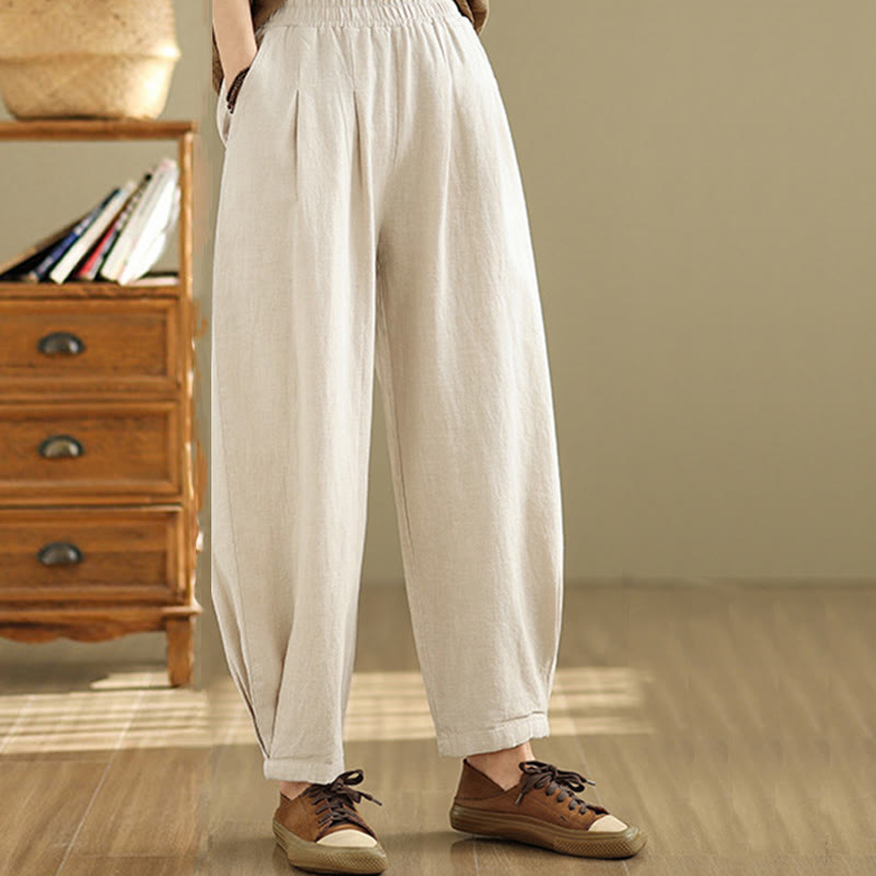 Mythstone Casual Solid Color Tapered Elastic Waistband Cotton Linen Women's Pants With Pockets