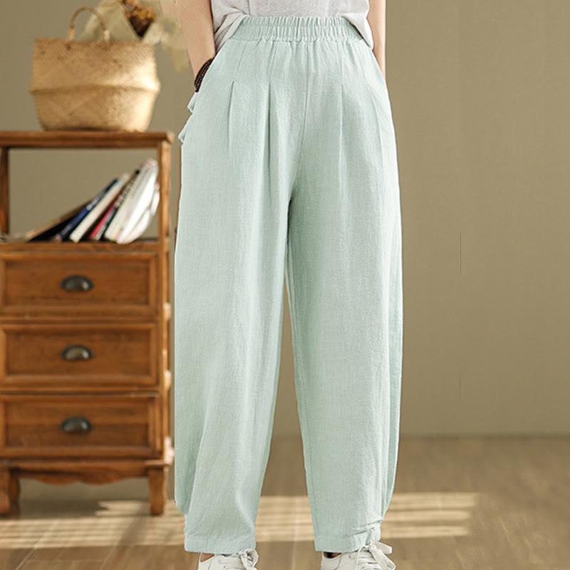 Mythstone Casual Solid Color Tapered Elastic Waistband Cotton Linen Women's Pants With Pockets