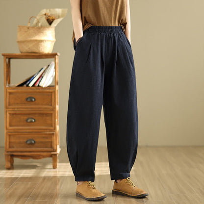 Mythstone Casual Solid Color Tapered Elastic Waistband Cotton Linen Women's Pants With Pockets