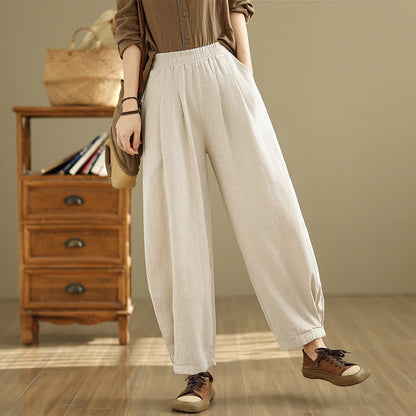 Mythstone Casual Solid Color Tapered Elastic Waistband Cotton Linen Women's Pants With Pockets