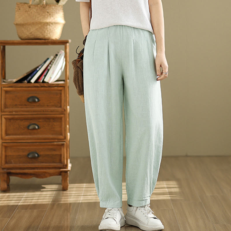 Mythstone Casual Solid Color Tapered Elastic Waistband Cotton Linen Women's Pants With Pockets