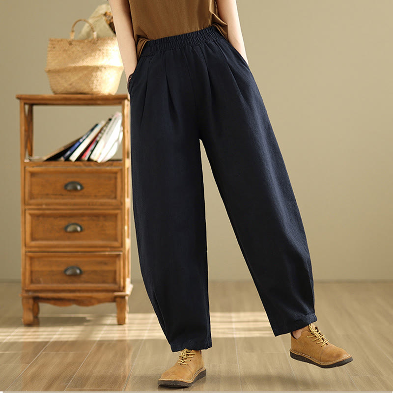 Mythstone Casual Solid Color Tapered Elastic Waistband Cotton Linen Women's Pants With Pockets