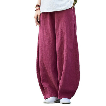 Mythstone Casual Plain Color Elastic Waistband Fleece Lined Cotton Ramie Women's Pants With Pockets