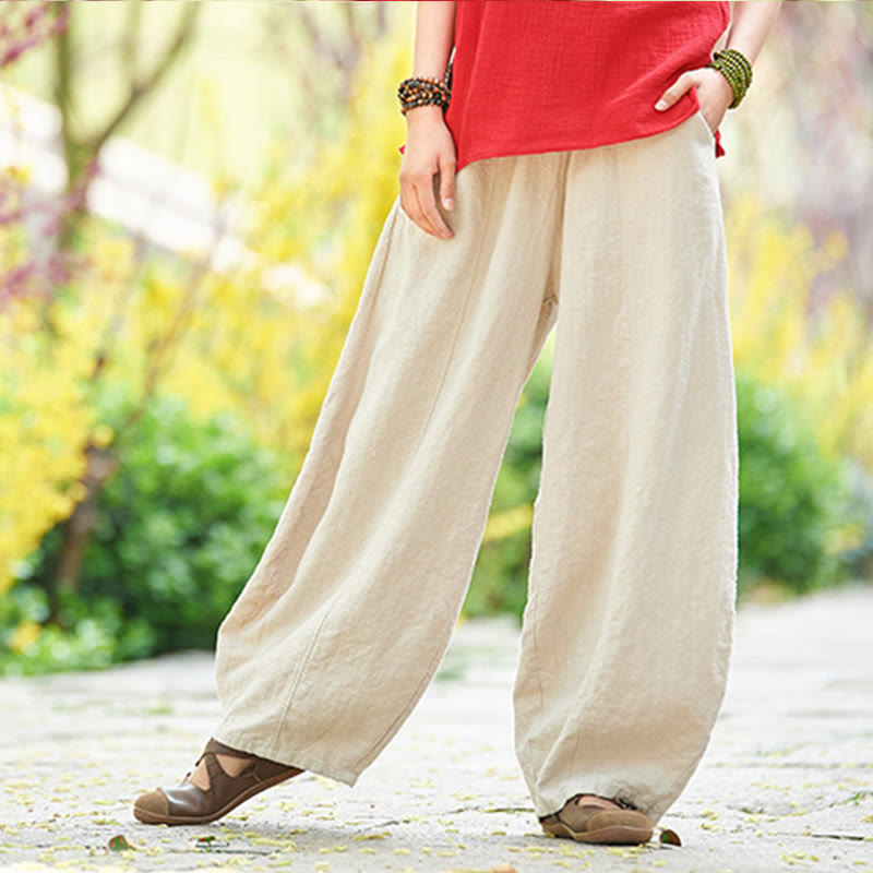 Mythstone Casual Plain Color Elastic Waistband Fleece Lined Cotton Ramie Women's Pants With Pockets