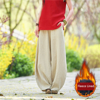 Mythstone Casual Plain Color Elastic Waistband Fleece Lined Cotton Ramie Women's Pants With Pockets