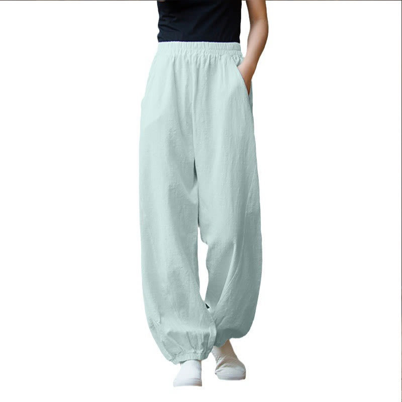 Mythstone Casual Solid Plain Color Carrot Elastic Waistband Cotton Ramie Women's Pants With Pockets