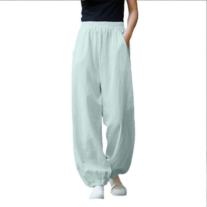 Mythstone Casual Solid Plain Color Carrot Elastic Waistband Cotton Ramie Women's Pants With Pockets