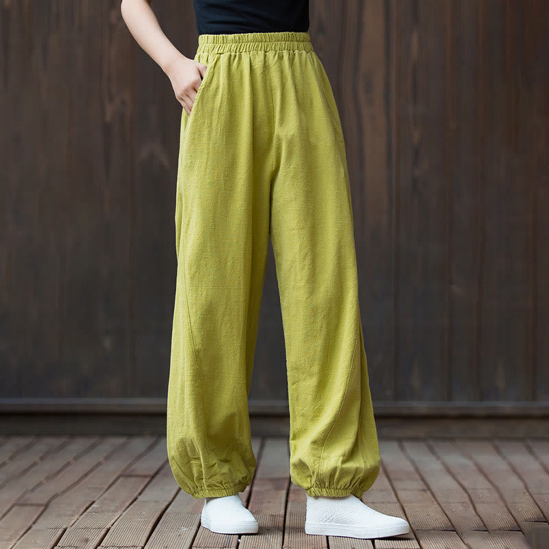 Mythstone Casual Solid Plain Color Carrot Elastic Waistband Cotton Ramie Women's Pants With Pockets