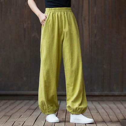 Mythstone Casual Solid Plain Color Carrot Elastic Waistband Cotton Ramie Women's Pants With Pockets