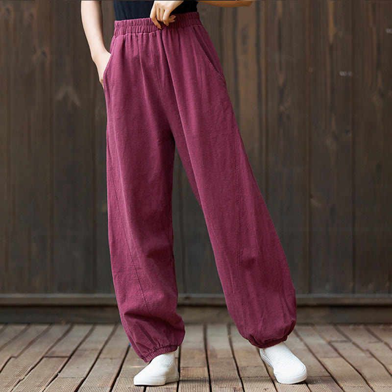 Mythstone Casual Solid Plain Color Carrot Elastic Waistband Cotton Ramie Women's Pants With Pockets