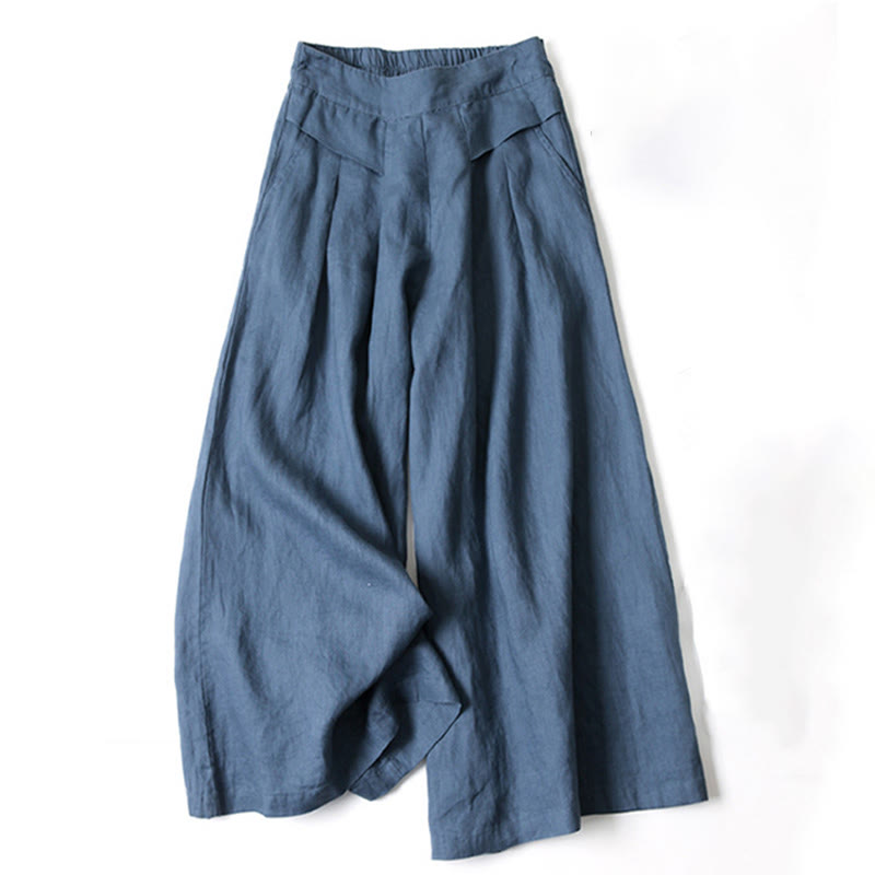 Mythstone Plain Color Cotton Linen High Waist Wide Leg Pants With Pockets