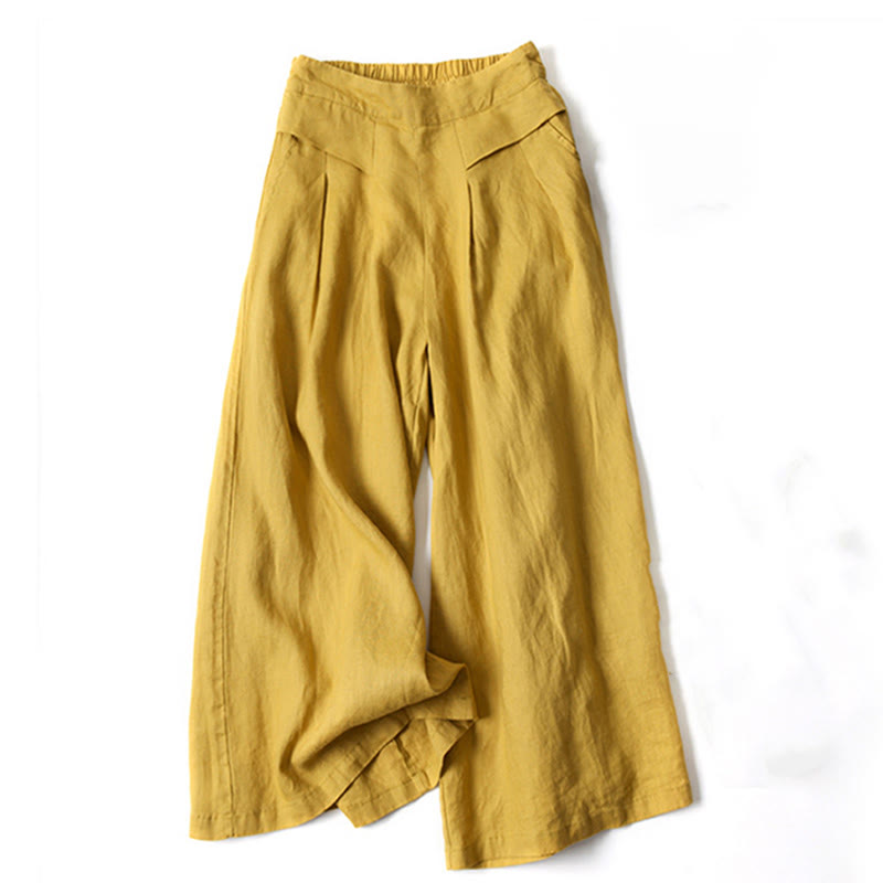 Mythstone Plain Color Cotton Linen High Waist Wide Leg Pants With Pockets