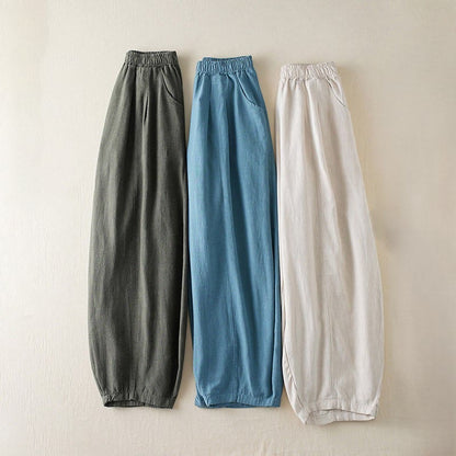 Mythstone Plain Color Cotton Linen Women's Pants With Pockets