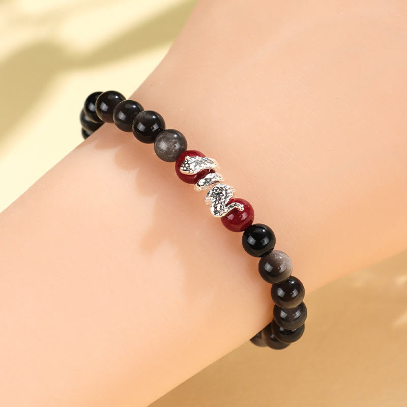 Mythstone Silver Sheen Obsidian Cinnabar Copper Year of the Snake Protection Bracelet