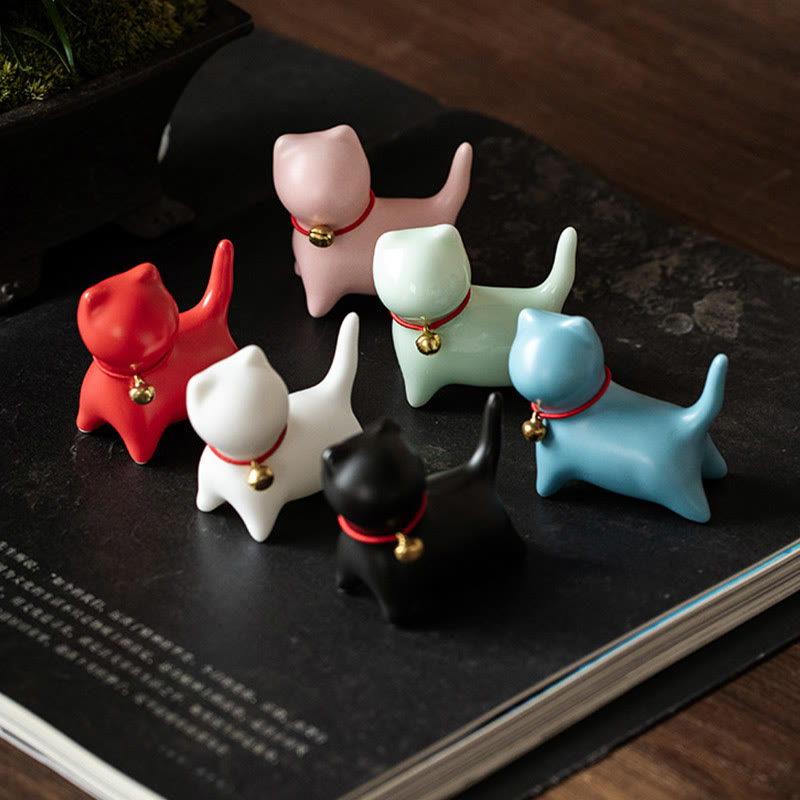 Mythstone Mini Cute Standing Lying Cat Tea Pet Ceramic Home Desk Figurine Decoration