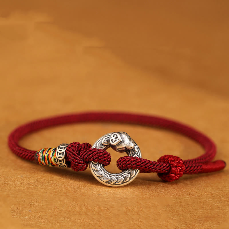 Mythstone Red String 999 Sterling Silver Peace Buckle Coin Year of the Snake Strength Bracelet