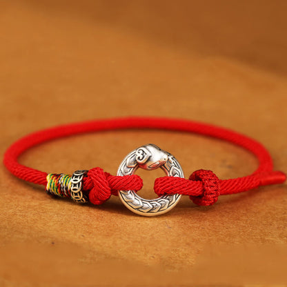 Mythstone Red String 999 Sterling Silver Peace Buckle Coin Year of the Snake Strength Bracelet