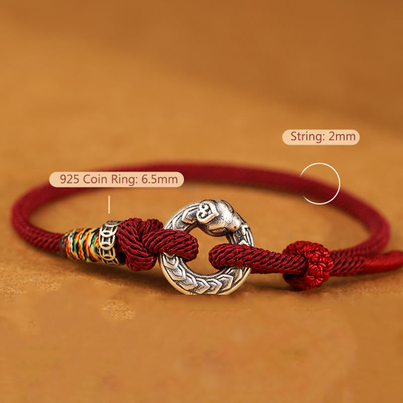 Mythstone Red String 999 Sterling Silver Peace Buckle Coin Year of the Snake Strength Bracelet