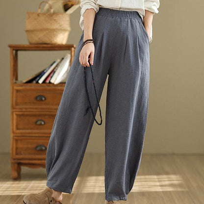 Mythstone Casual Solid Color Tapered Elastic Waistband Cotton Linen Women's Pants With Pockets