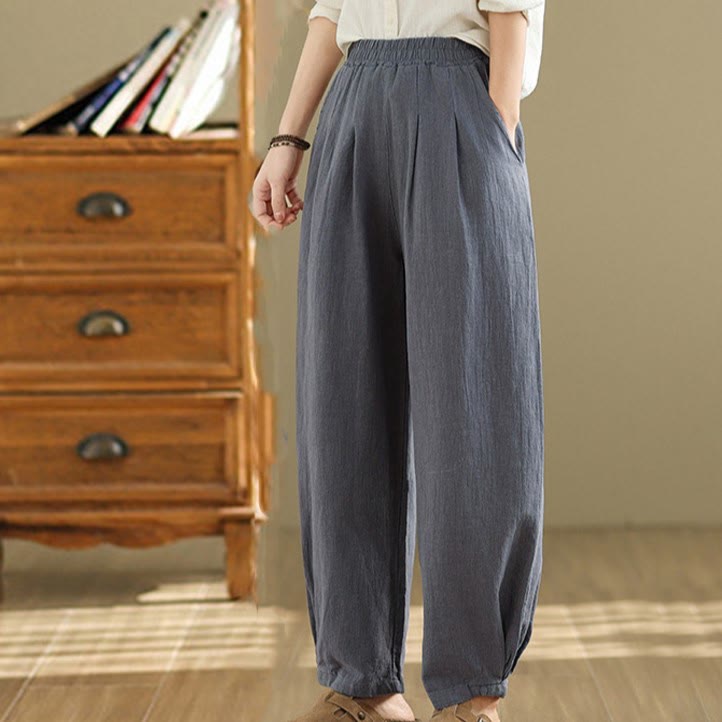 Mythstone Casual Solid Color Tapered Elastic Waistband Cotton Linen Women's Pants With Pockets