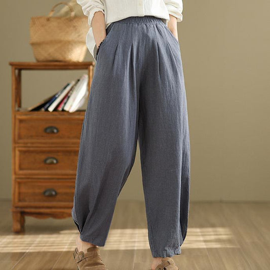 Mythstone Casual Solid Color Tapered Elastic Waistband Cotton Linen Women's Pants With Pockets