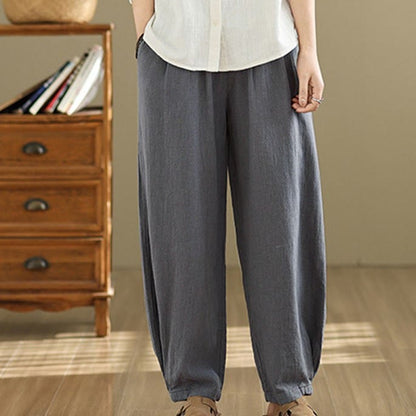 Mythstone Casual Solid Color Tapered Elastic Waistband Cotton Linen Women's Pants With Pockets