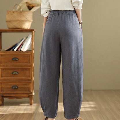 Mythstone Casual Solid Color Tapered Elastic Waistband Cotton Linen Women's Pants With Pockets