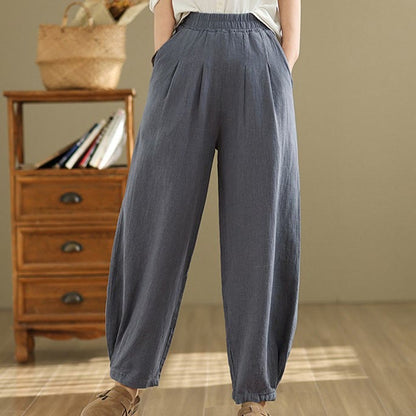 Mythstone Casual Solid Color Tapered Elastic Waistband Cotton Linen Women's Pants With Pockets