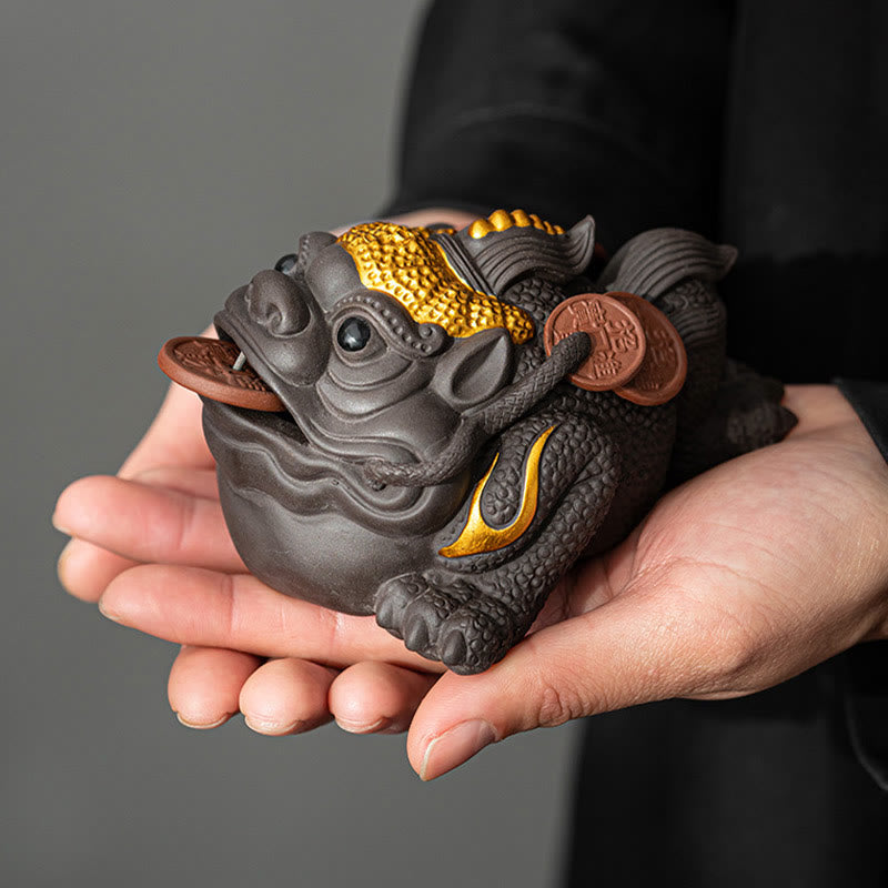 Mythstone Feng Shui Frog Toad Copper Coins Ceramic Purple Clay Wealth Home Tea Pet Figurine Decoration