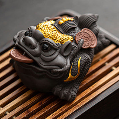 Mythstone Feng Shui Frog Toad Copper Coins Ceramic Purple Clay Wealth Home Tea Pet Figurine Decoration