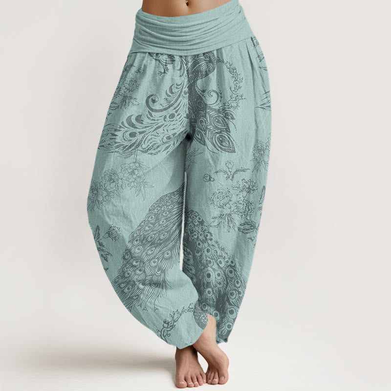 Mythstone Casual Peacock Peony Flower Women's Elastic Waist Harem Pants