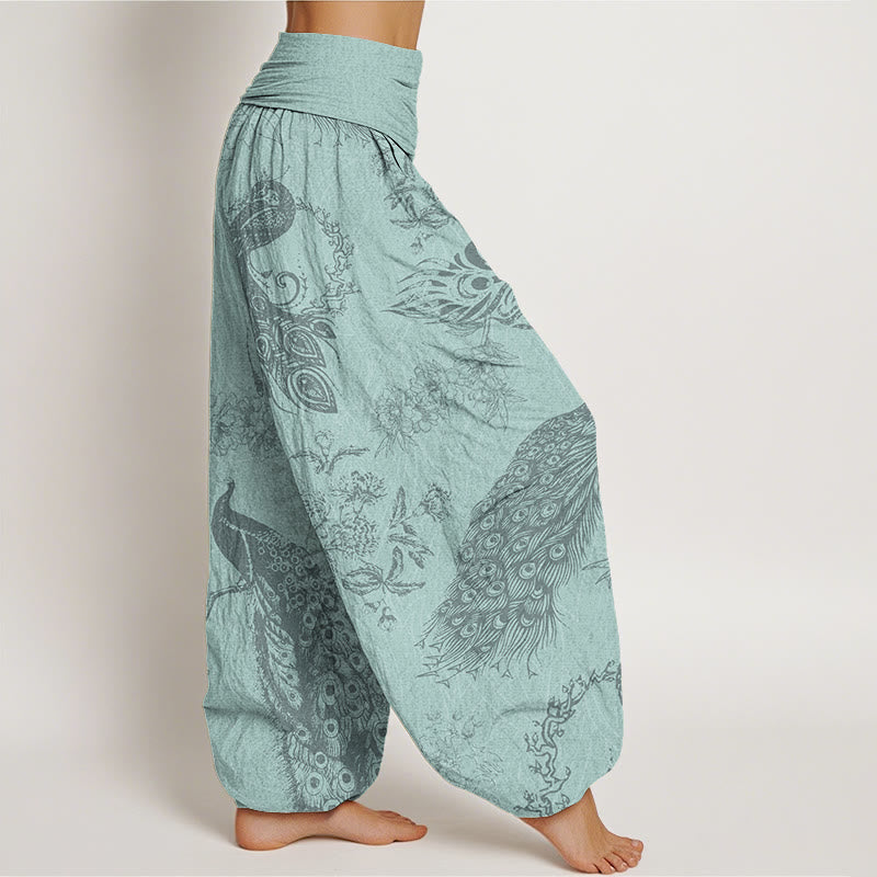 Mythstone Casual Peacock Peony Flower Women's Elastic Waist Harem Pants