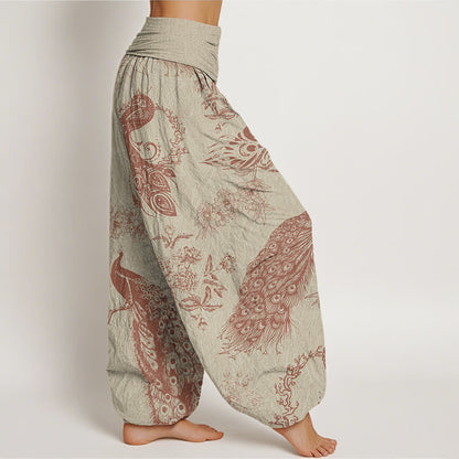 Mythstone Casual Peacock Peony Flower Women's Elastic Waist Harem Pants