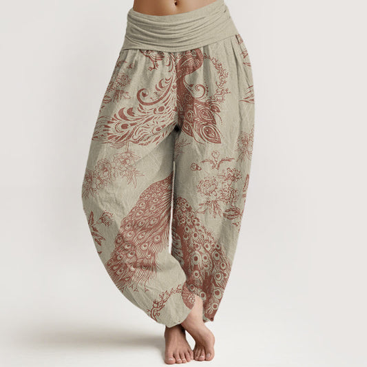 Mythstone Casual Peacock Peony Flower Women's Elastic Waist Harem Pants