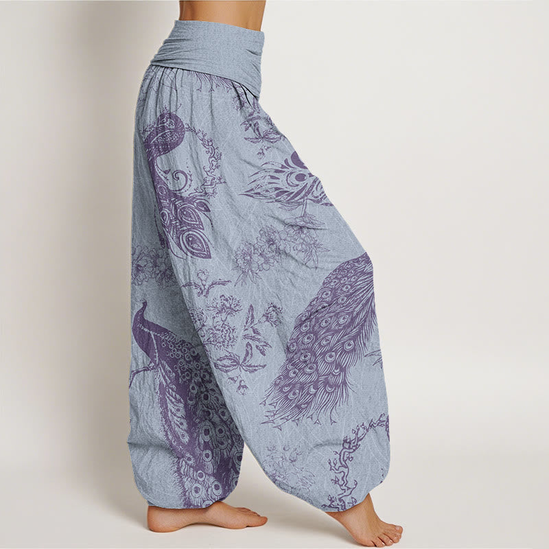 Mythstone Casual Peacock Peony Flower Women's Elastic Waist Harem Pants