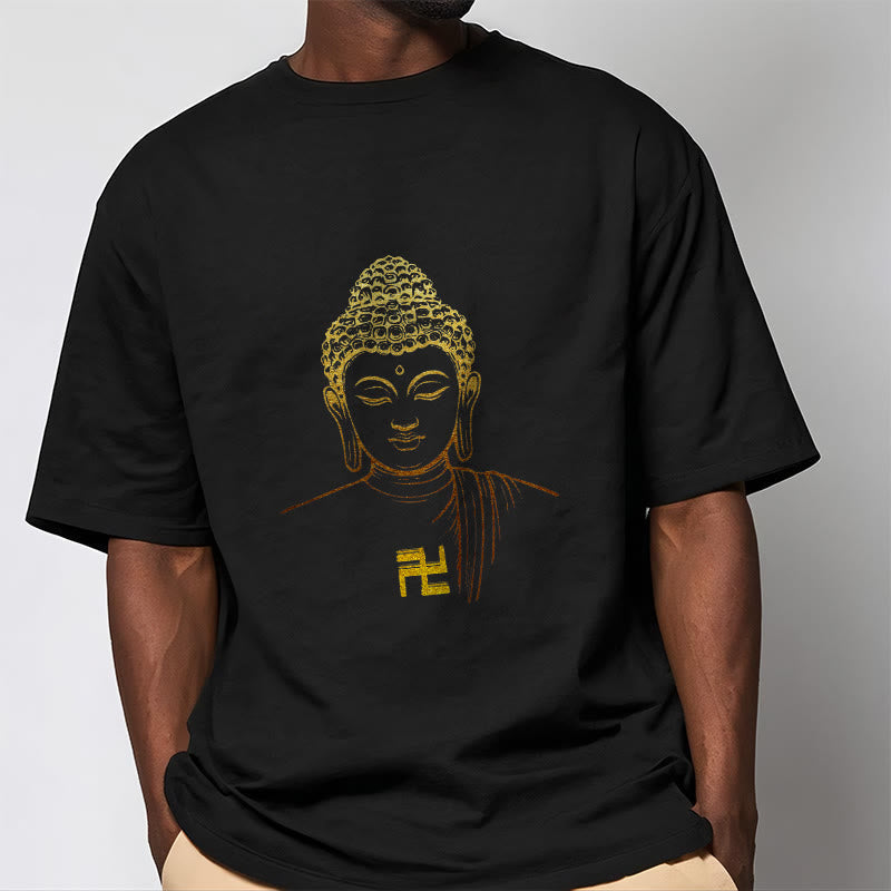 Mythstone Swastika Pattern Golden Buddha Cotton Tee T-shirt