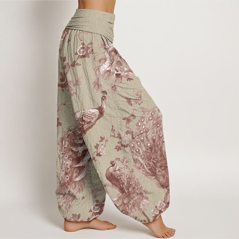 Mythstone Casual Peacock Perched On Branch Petals Women's Elastic Waist Harem Pants