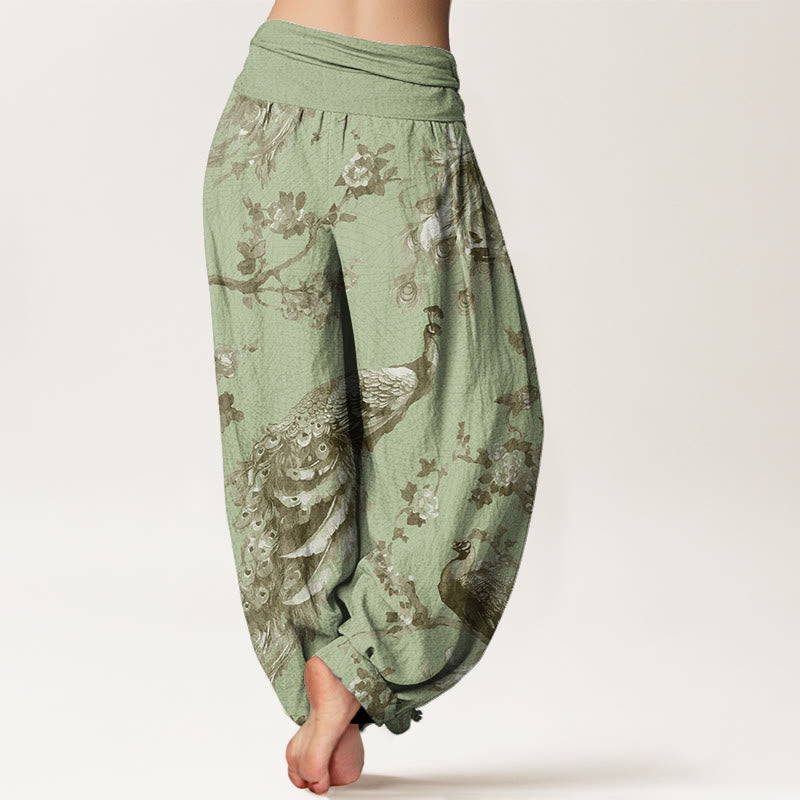 Mythstone Casual Peacock Perched On Branch Petals Women's Elastic Waist Harem Pants