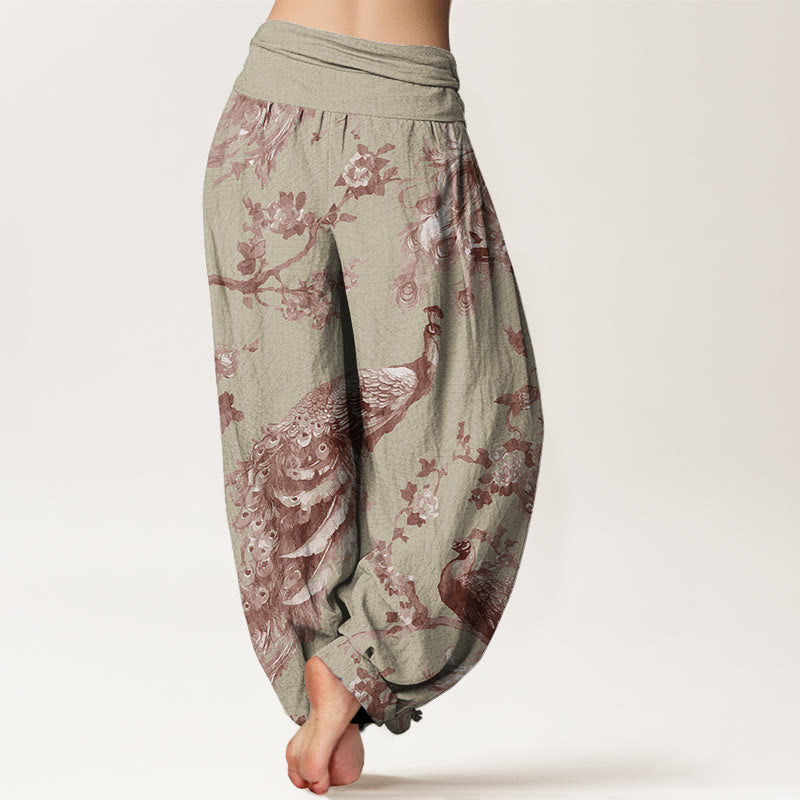 Mythstone Casual Peacock Perched On Branch Petals Women's Elastic Waist Harem Pants